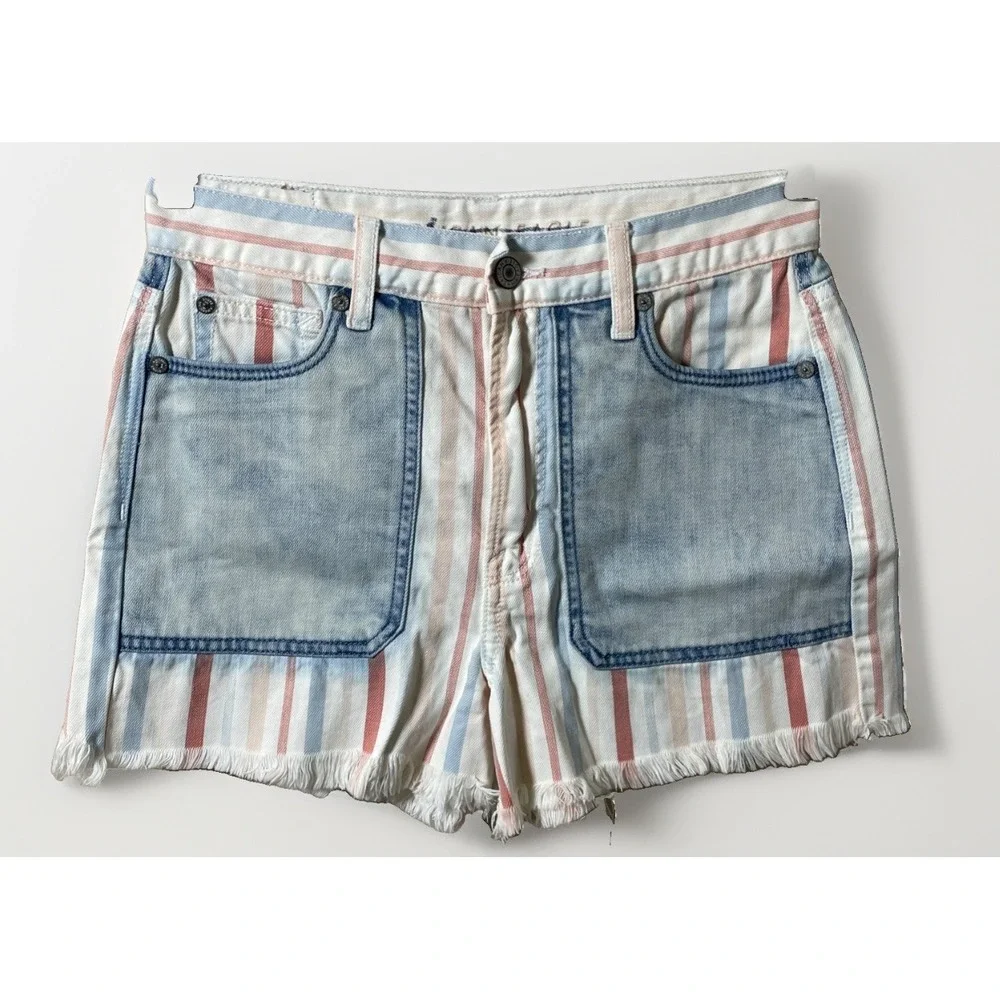 American Eagle High Rise Carnival Stripe Mom Jean Shorts Denim Frayed Hem Sz 2